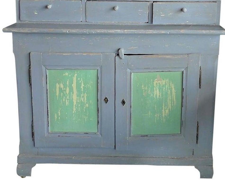 French 19th Century Painted Pine Buffet with 2 Glass Panel and 2 Solid Doors In Distressed Condition For Sale In Santa Monica, CA