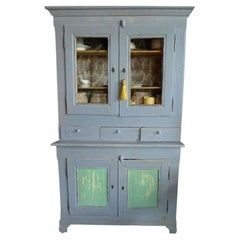 Antique French 19th Century Painted Pine Buffet with 2 Glass Panel and 2 Solid Doors