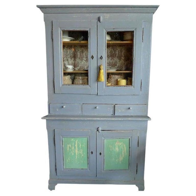 French 19th Century Painted Pine Buffet with 2 Glass Panel and 2 Solid Doors For Sale