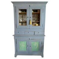 Used French 19th Century Painted Pine Buffet with 2 Glass Panel and 2 Solid Doors