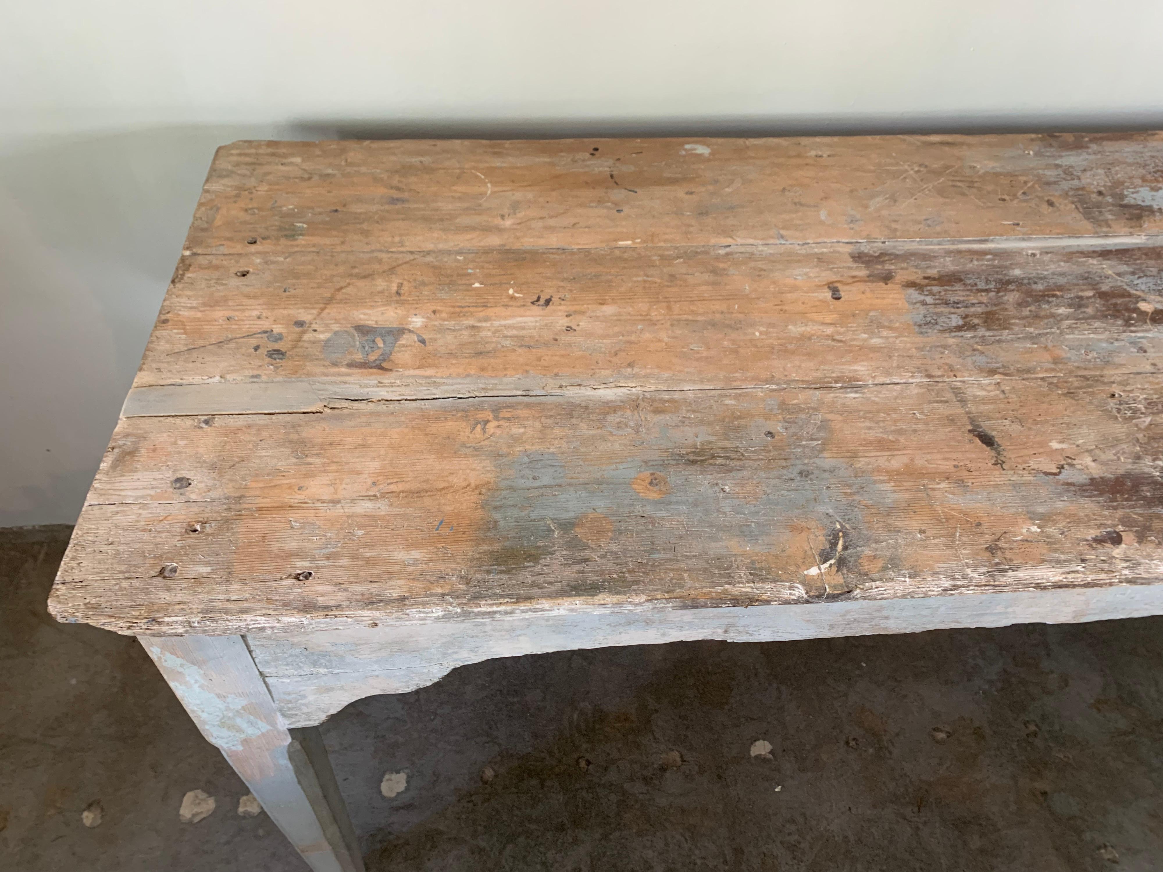 French 19th Century Painted Pine Farm Table Console 1