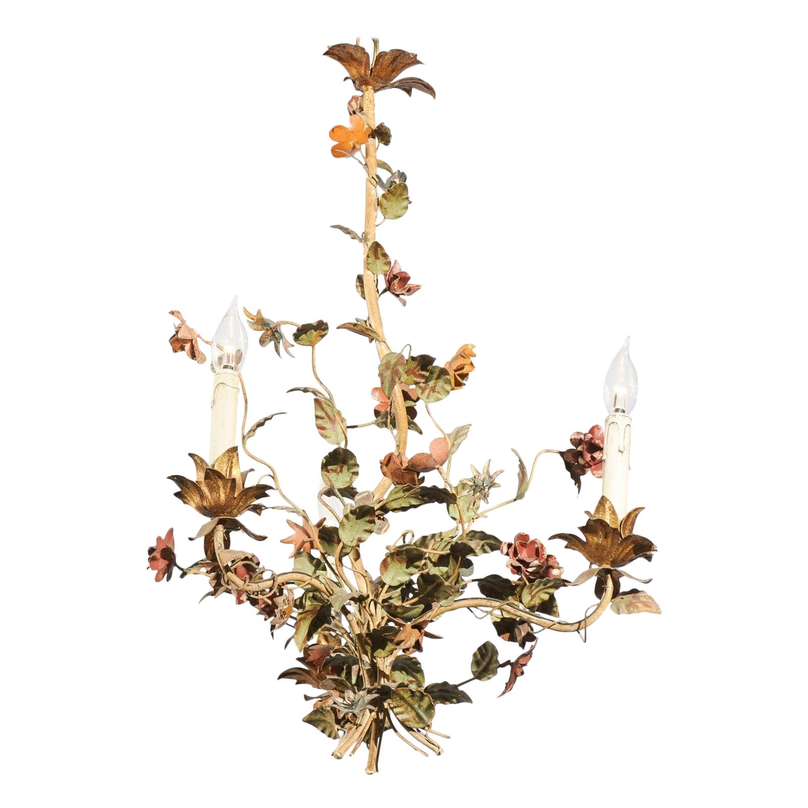 French 19th Century Painted Tôle Three-Light Chandelier with Flowers and Vines