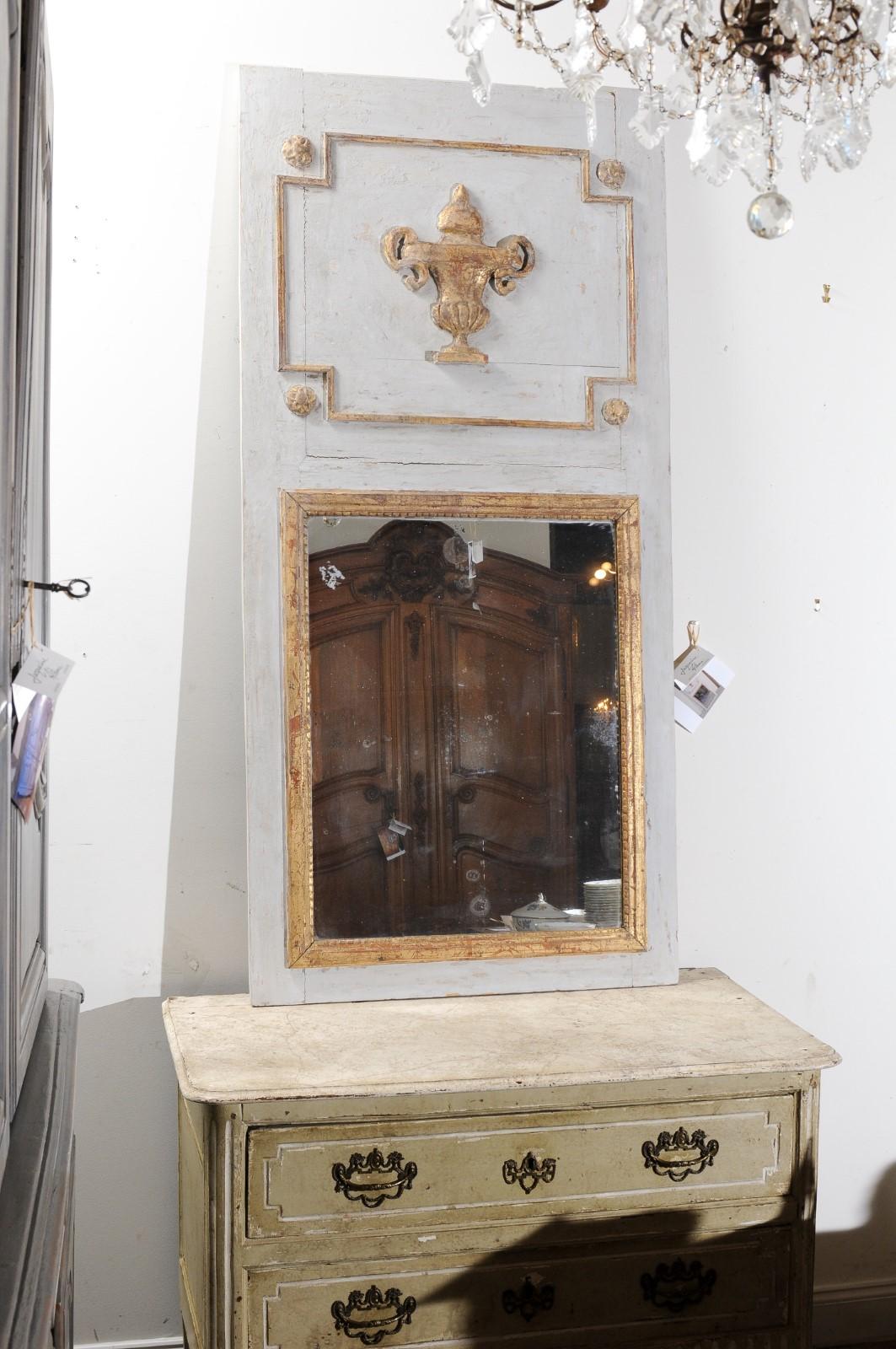 Carved French 19th Century Painted Trumeau Mirror with Giltwood Vase and Mercury Glass