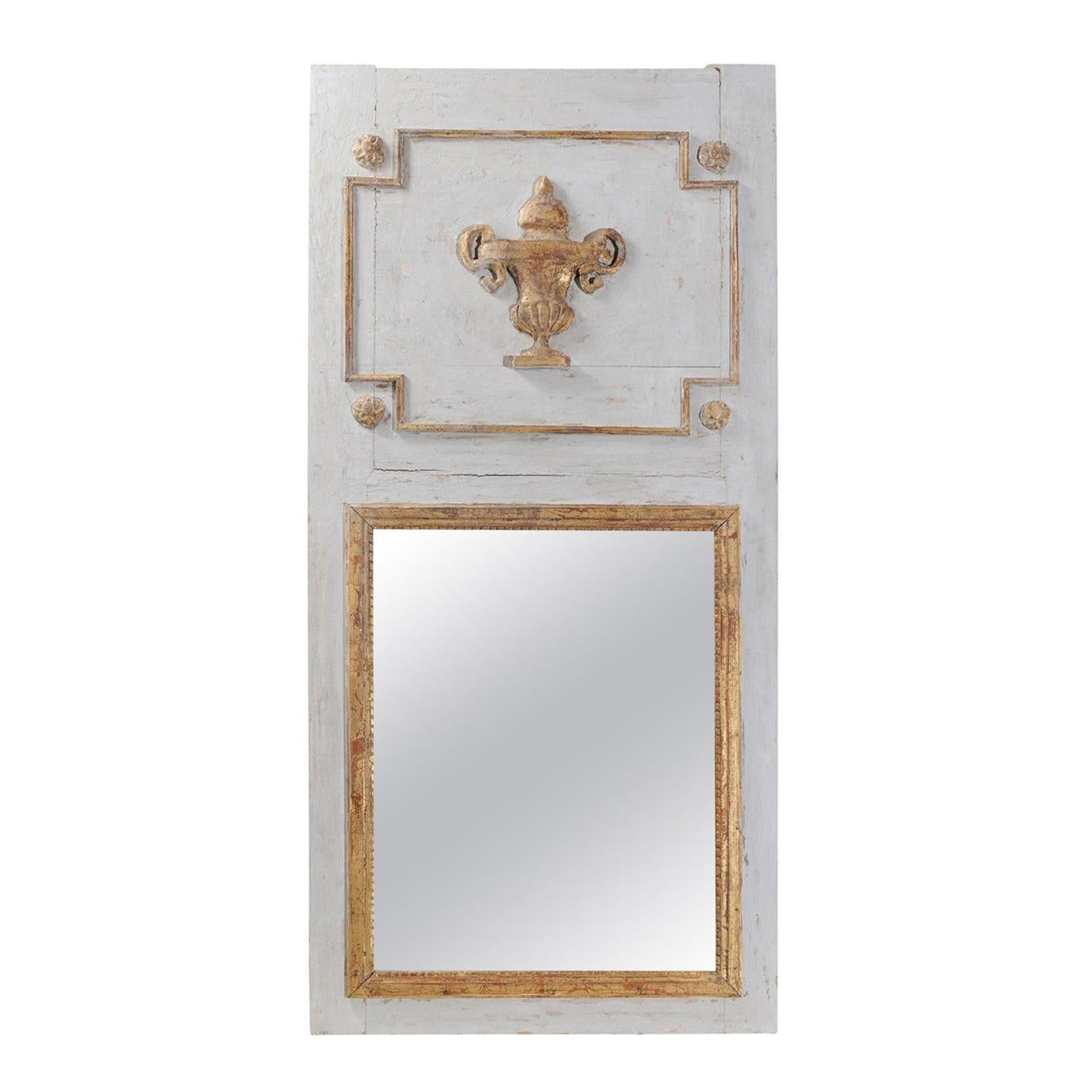 French 19th Century Painted Trumeau Mirror with Giltwood Vase and Mercury Glass