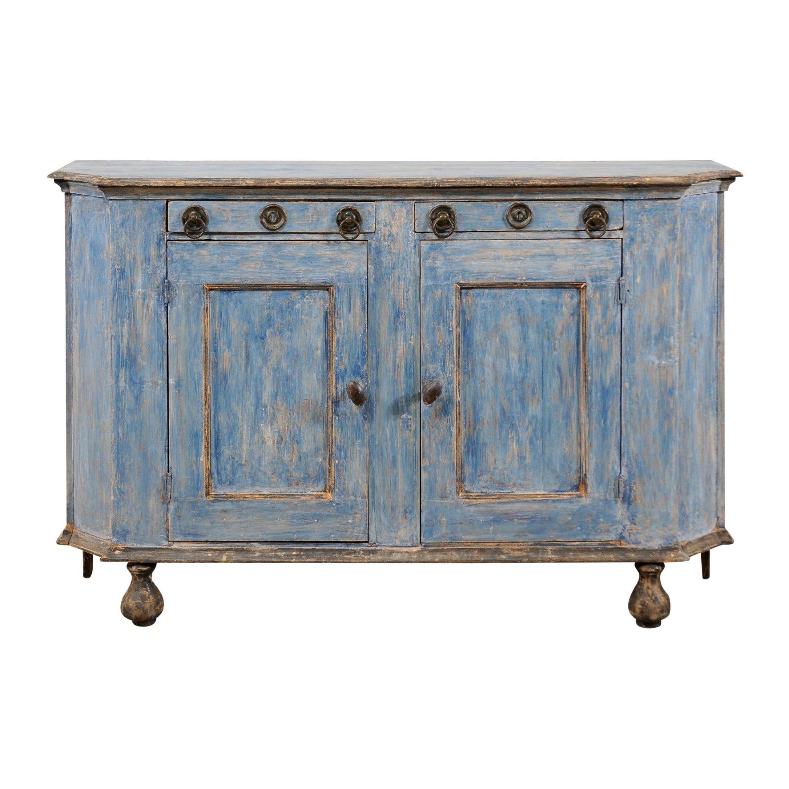 French 19th Century Painted Wood Sideboard Cabinet in Blue with Charcoal Accents