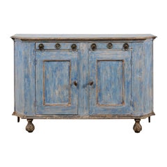 French 19th Century Painted Wood Sideboard Cabinet in Blue with Charcoal Accents