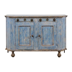 French 19th Century Painted Wood Sideboard Cabinet in Blue with Charcoal Accents