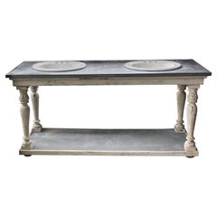 French 19th Century Painted Wood Vanity with Two Porcelain Sinks and Zinc Top