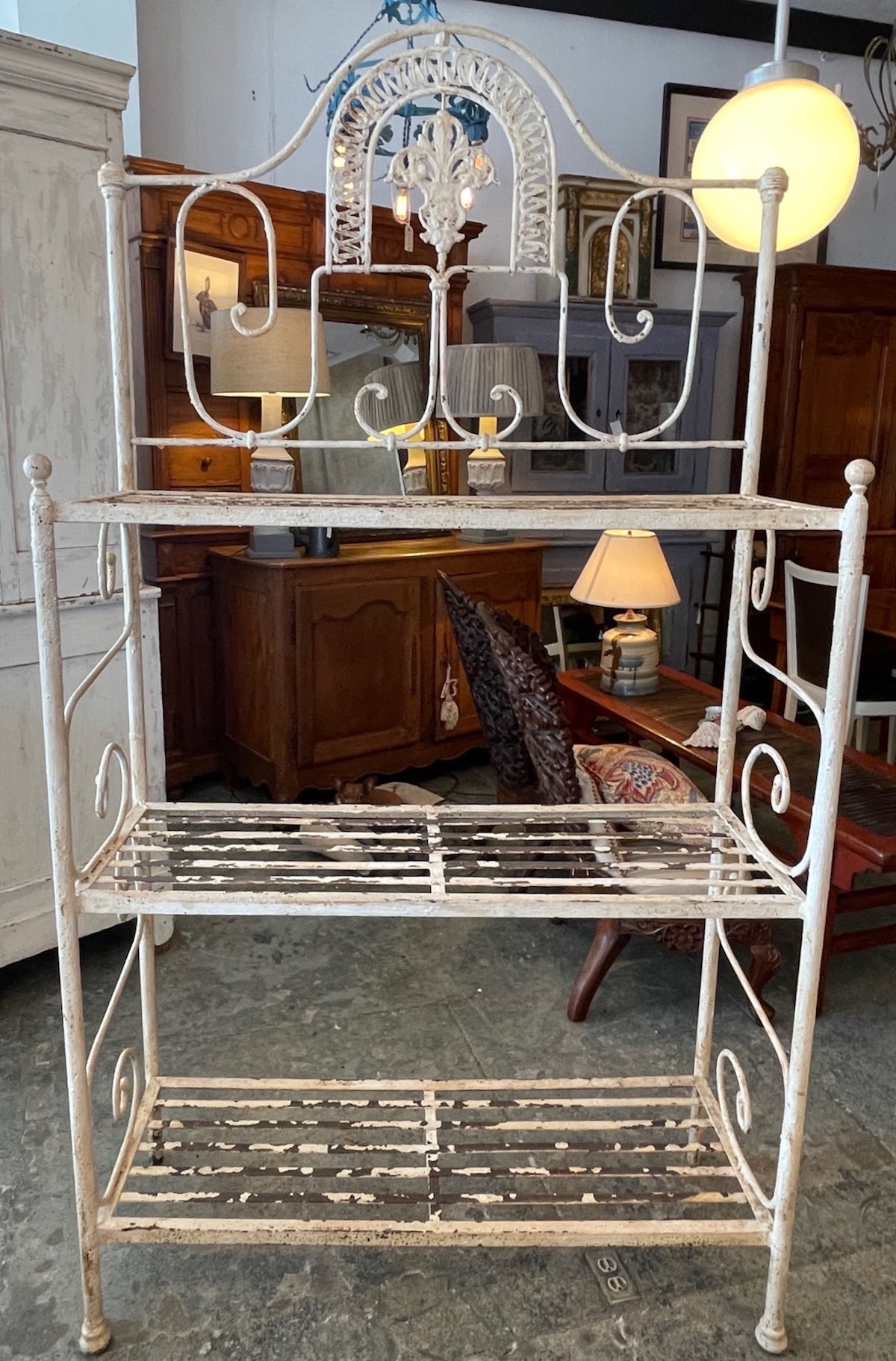 French 19th Century Painted Wrought Iron 3 Shelf Bakers Rack For Sale