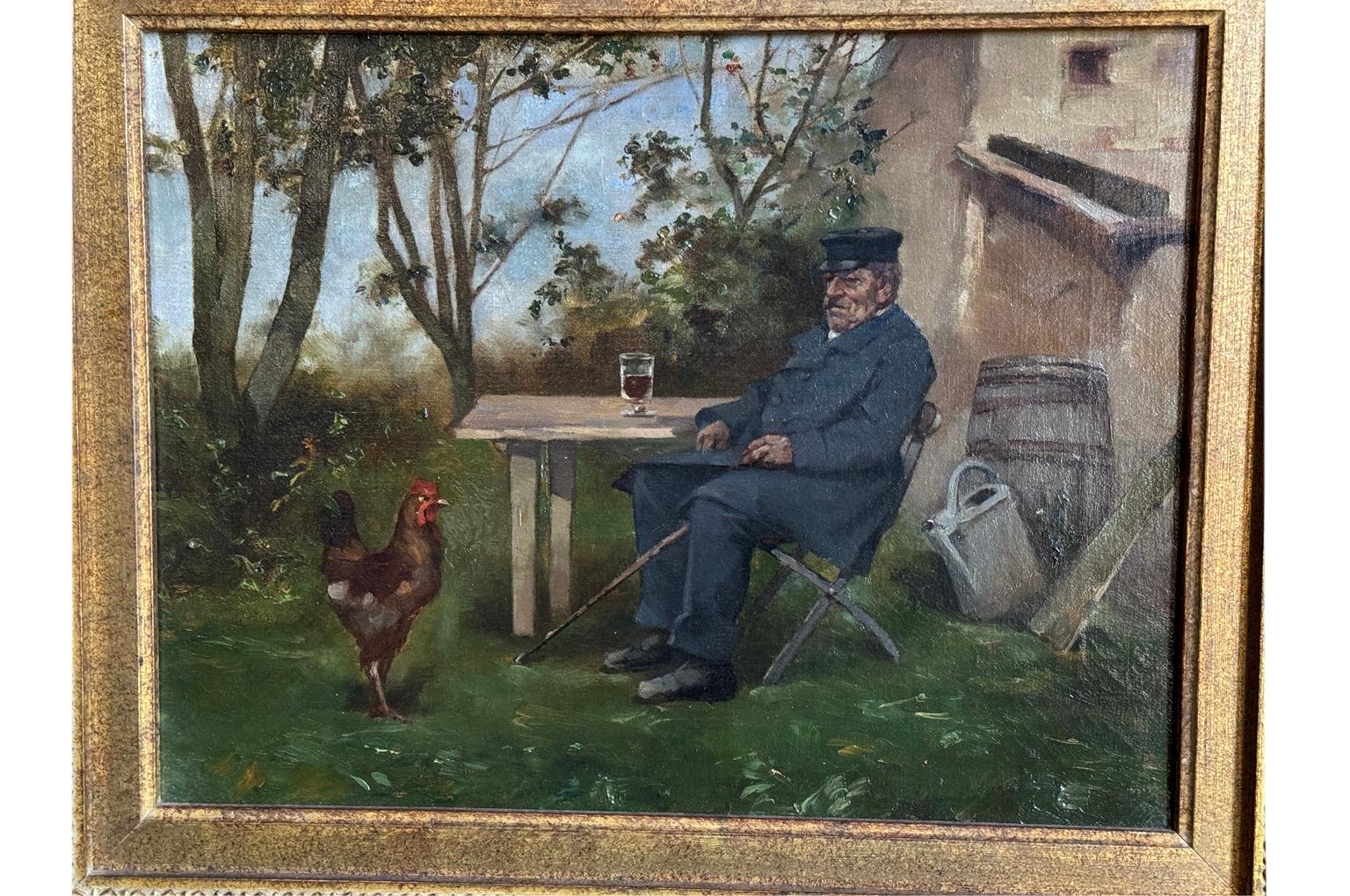 A charming French 19th century Oil On Canvas Painting housed in its gilt frame. The painting depicts a Frenchman relaxing with his beverage in the countryside with his rooster. A wonderful painting with terrific color and brushstrokes. 