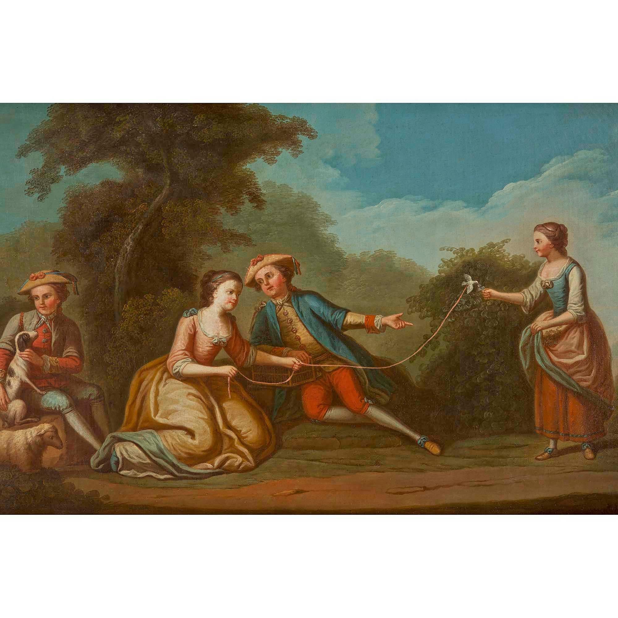 Charmante huile sur toile française du XIXe siècle représentant un groupe de jeunes gens profitant d'un moment de détente à la campagne. Tous en tenue d'époque avec des expressions joyeuses. Un jeune homme est assis et se détend avec son chien et