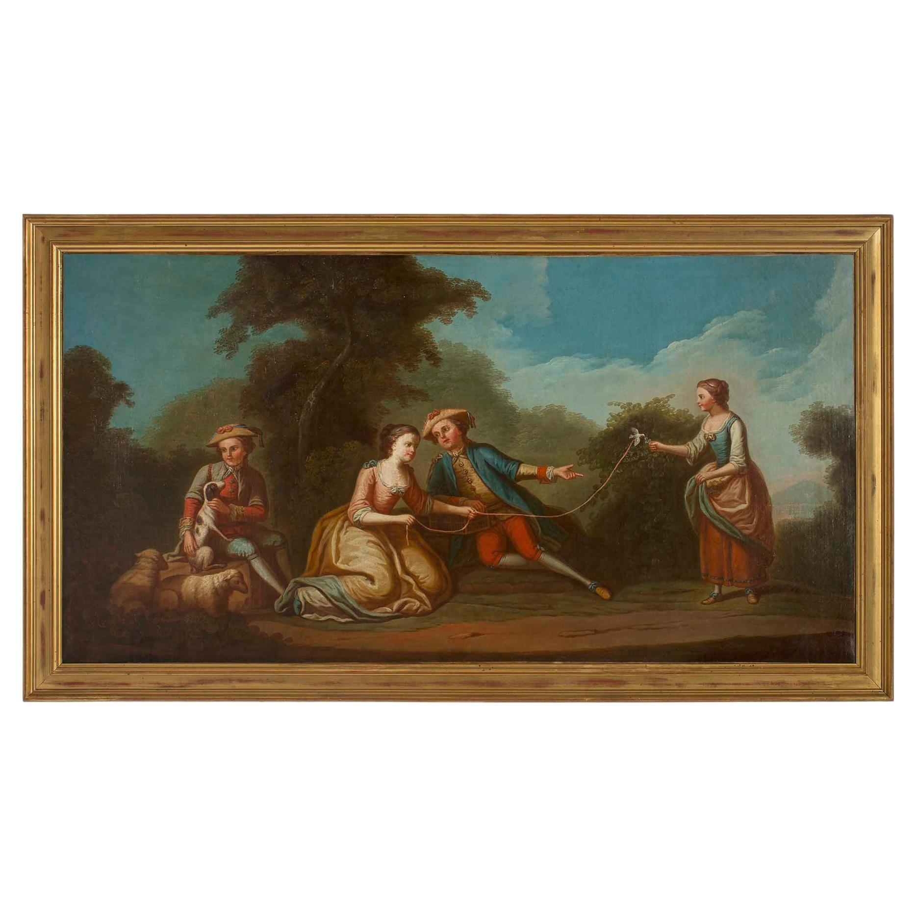 French 19th Century Painting of a Group of Young People Enjoying the Countryside For Sale