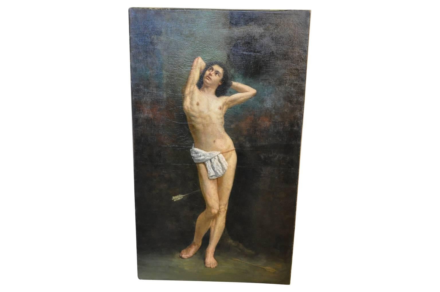 Exceptionnel tableau du XIXe siècle, huile sur toile, représentant Saint Sébastien. Magnifique travail de pinceau et de texture. Non encadré. Une image vraiment magnifique.
