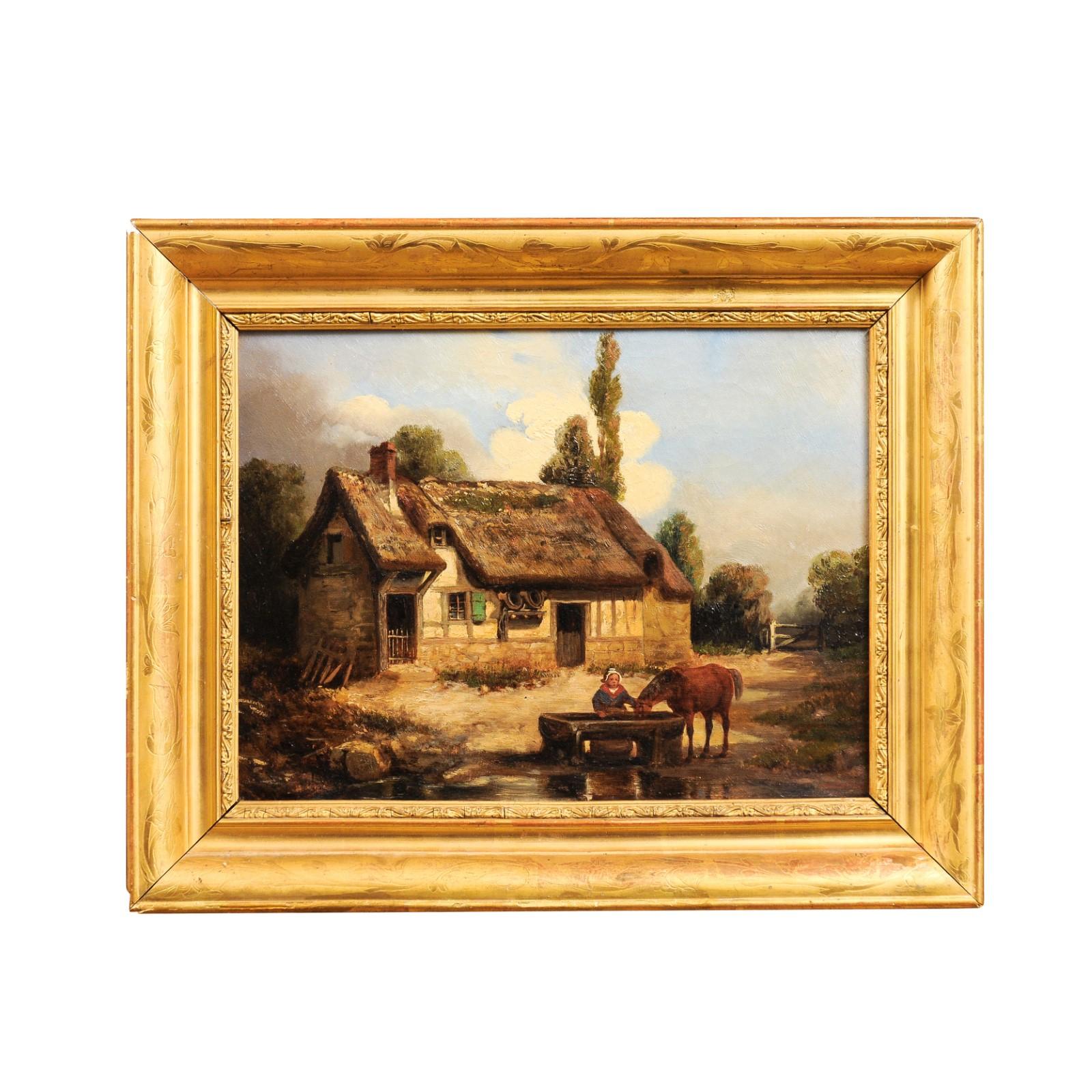 A French oil on canvas painting from the 19th century, signed by the artist Léon Bertan, capturing a bucolic farm scene steeped in tranquility and nostalgia. The painting is enveloped in an elegant giltwood frame, which complements the serene and