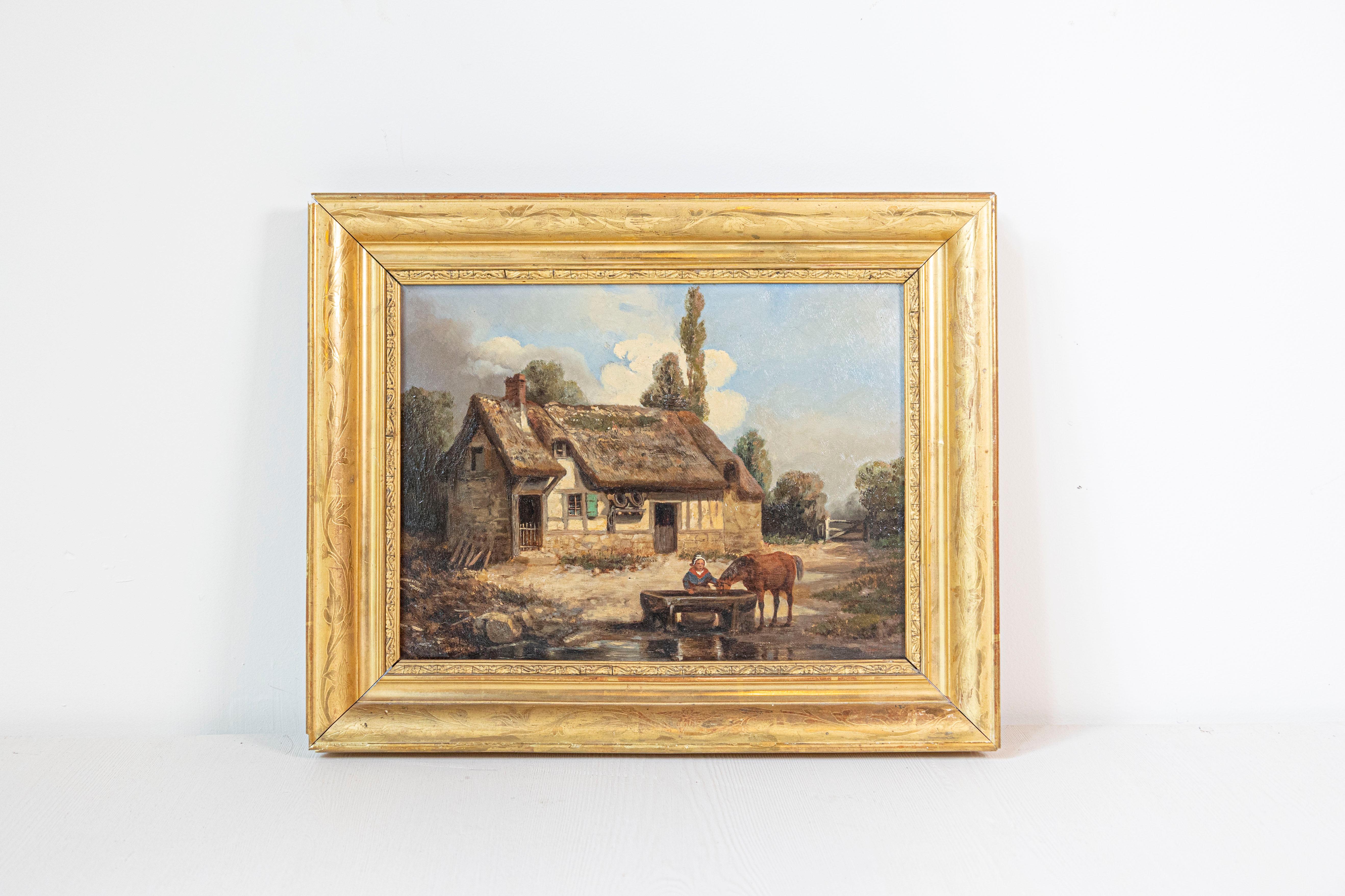 A French oil on canvas painting from the 19th century, signed by the artist Léon Bertan, capturing a bucolic farm scene steeped in tranquility and nostalgia. The painting is enveloped in an elegant giltwood frame, which complements the serene and