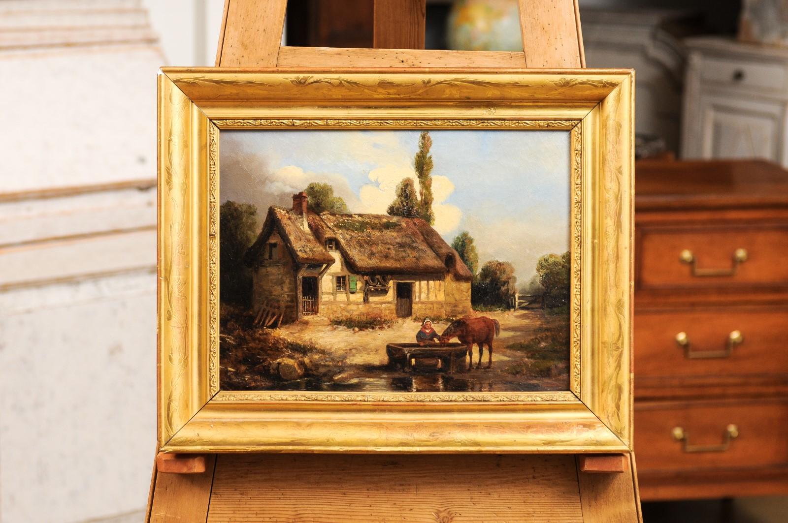 Carved French 19th Century Painting Signed Léon Bertan Depicting a Bucolic Farm Scene For Sale