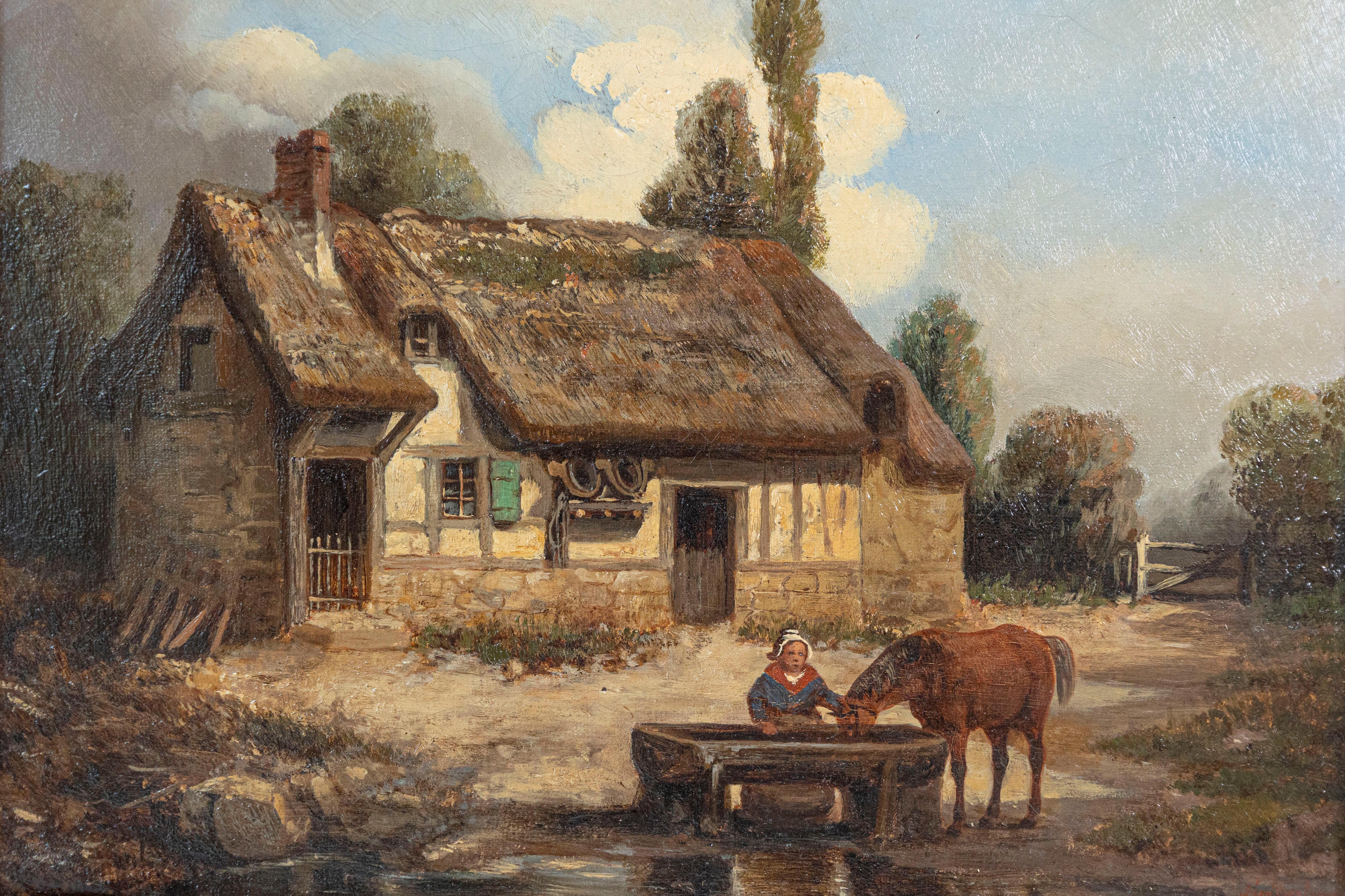Carved French 19th Century Painting Signed Léon Bertan Depicting a Bucolic Farm Scene For Sale
