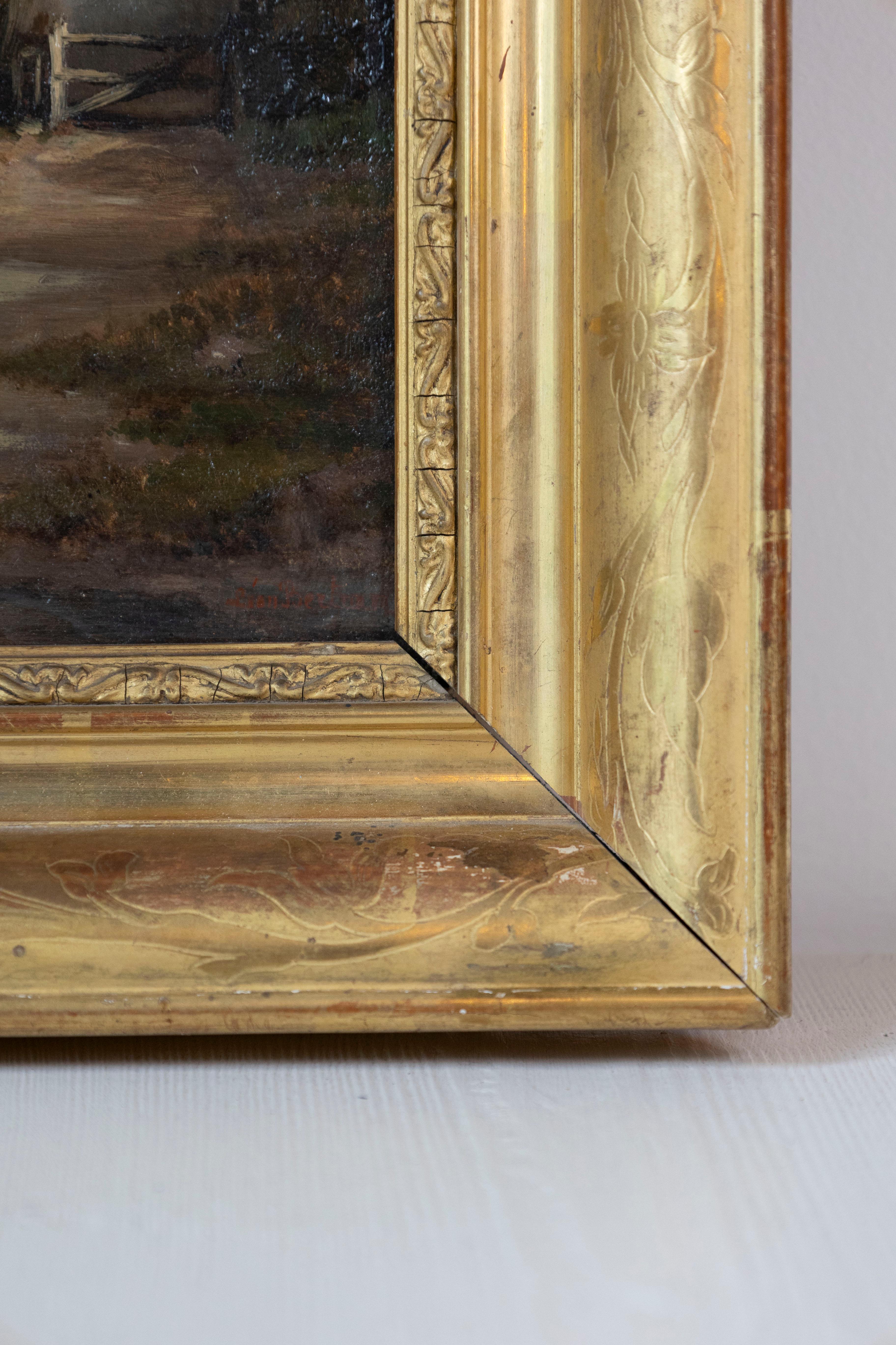 Canvas French 19th Century Painting Signed Léon Bertan Depicting a Bucolic Farm Scene For Sale