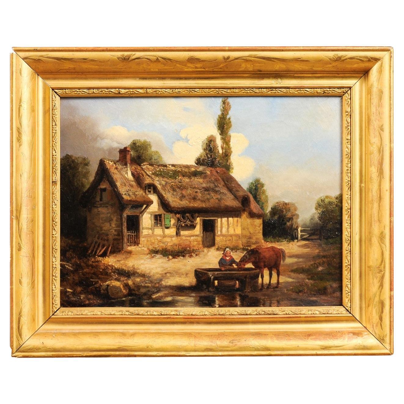 Peinture française du 19e siècle signée Léon Bertan représentant une scène de ferme bucolique