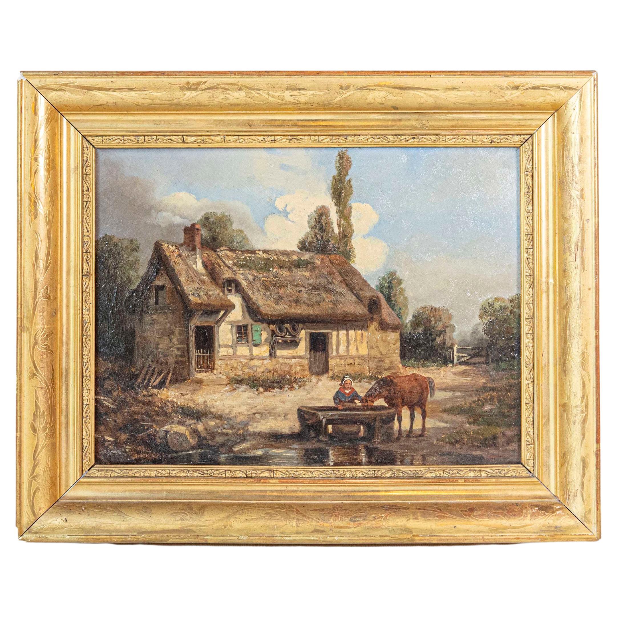 Pintura francesa del siglo XIX firmada por Léon Bertan que representa una escena bucólica de granja