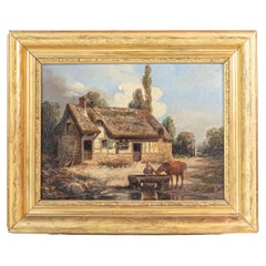 Pintura francesa del siglo XIX firmada por Léon Bertan que representa una escena bucólica de granja