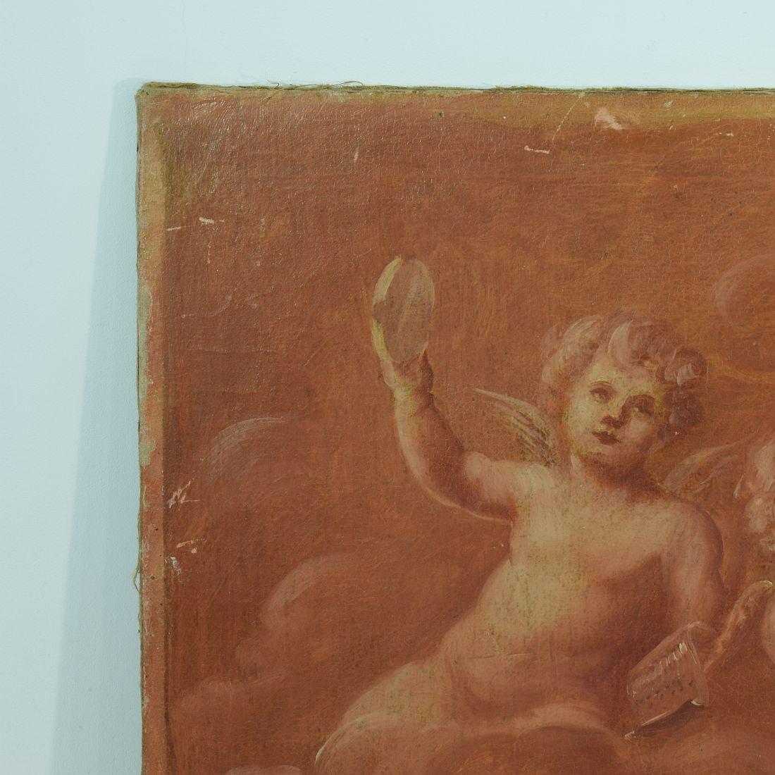 Beautiful and a bit primitive painting of 3-cherubs / angels in the clouds.
France, circa 1850
Weathered and small losses.