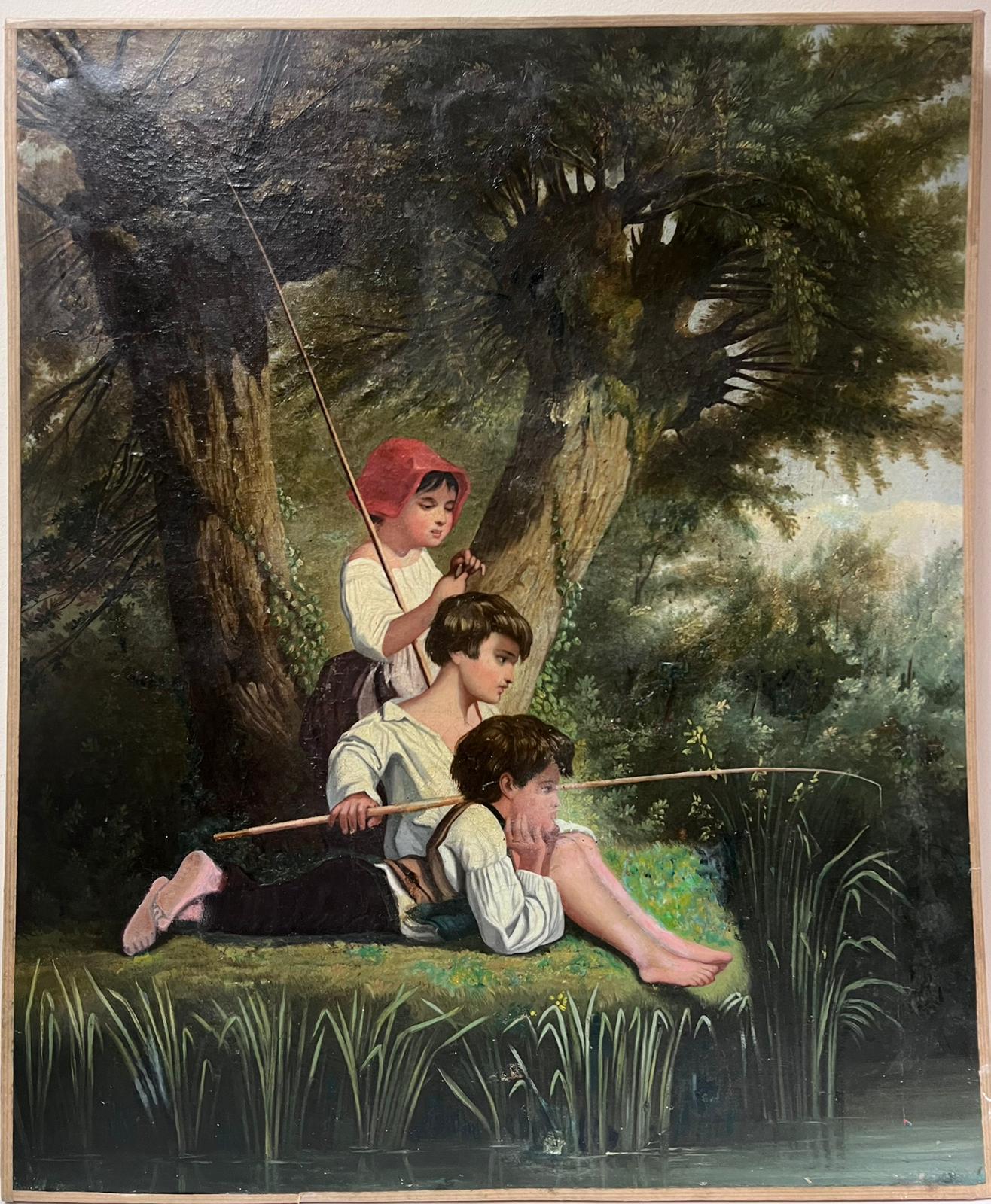 Französisches Ölgemälde, Großes Leinwandgemälde, Französisch, 1870er Jahre, Drei Kinder beim Fischen im Waldpool – Painting von French 19th Century