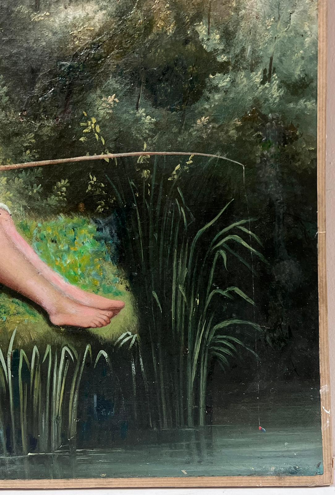 Französisches Ölgemälde, Großes Leinwandgemälde, Französisch, 1870er Jahre, Drei Kinder beim Fischen im Waldpool (Romantik), Painting, von French 19th Century