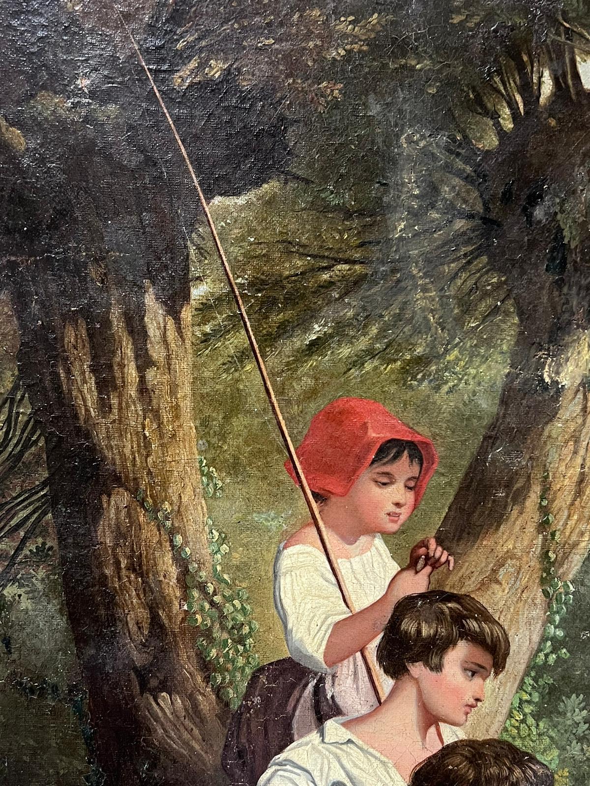 Französisches Ölgemälde, Großes Leinwandgemälde, Französisch, 1870er Jahre, Drei Kinder beim Fischen im Waldpool im Angebot 1