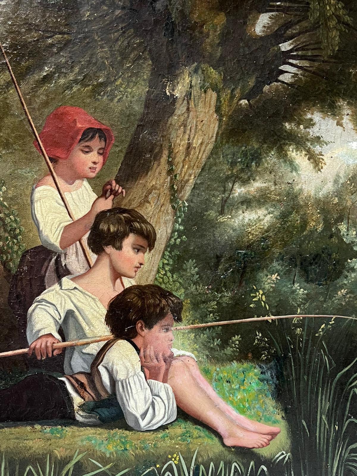 1870's French Oil Painting Large Canvas Three Children Fishing Woodland Pool For Sale 2