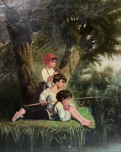 1870's French Oil Painting Large Canvas Three Children Fishing Woodland Pool