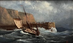 Antique French Oil Painting Sailing Ships on Choppy Seas in Stiff Breeze