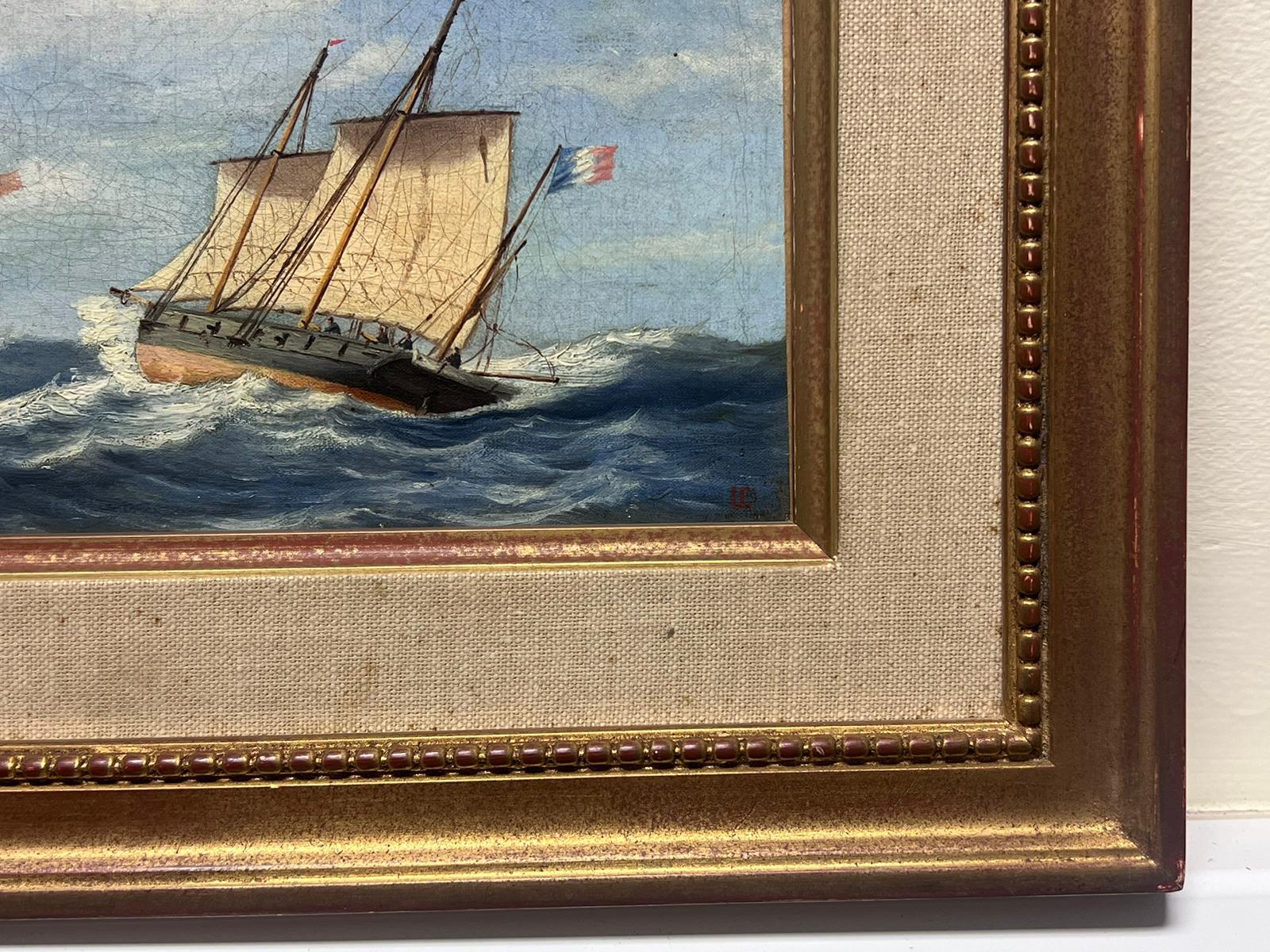 Sailing in a Stiff Breeze
French School, 19th century
indistinctly signed oil on canvas, framed
framed: 9 x 12 inches
canvas: 5 x 7.5 inches
provenance: private collection, France
condition: very good and sound condition