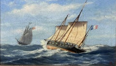 Antique French Oil Painting Sailing Ships on Choppy Seas in Stiff Breeze