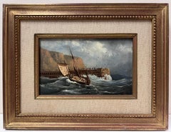 Antique French Oil Painting Sailing Ships on Choppy Seas in Stiff Breeze