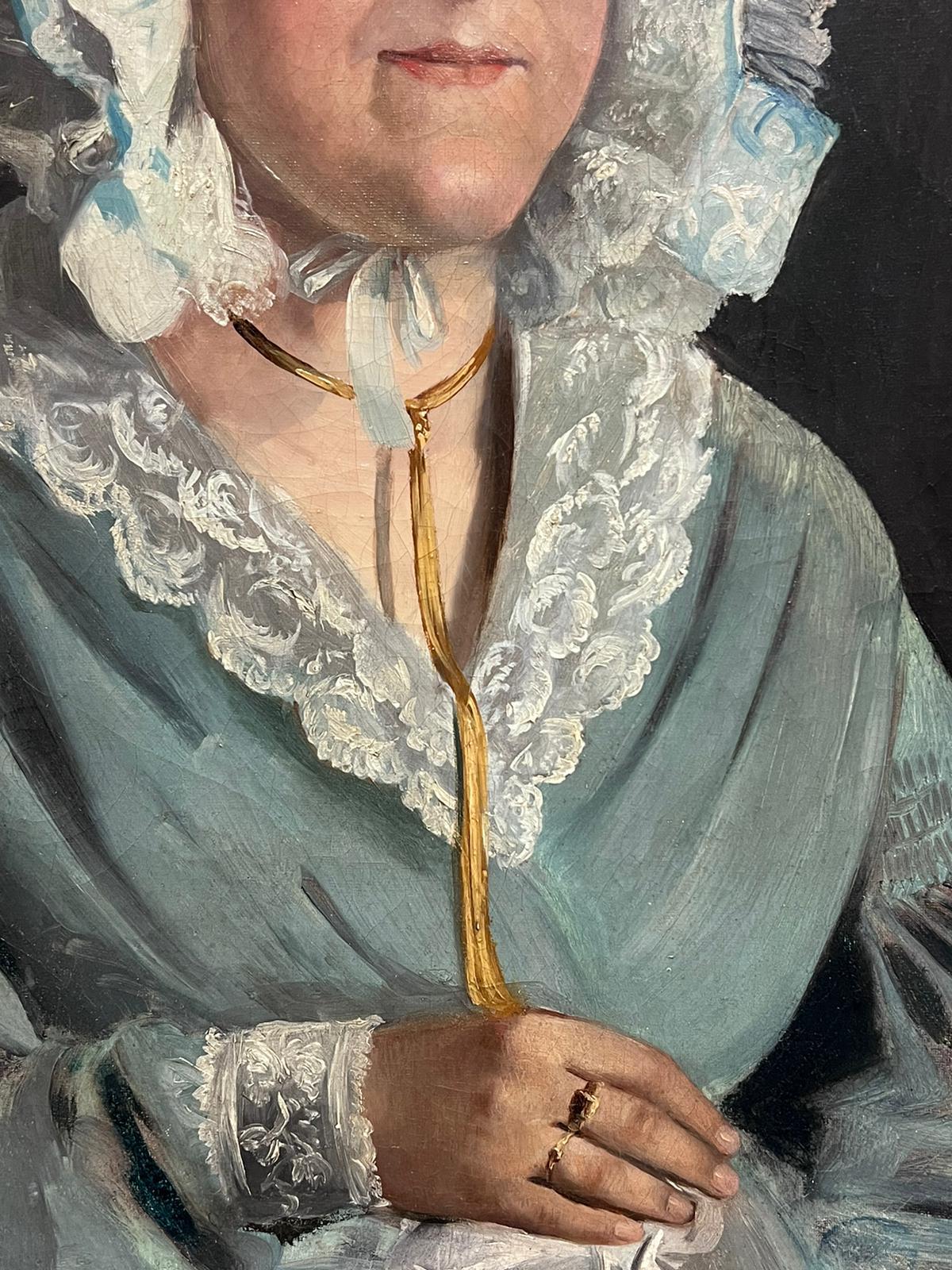 Ritratto di signora in abiti di seta e pizzo dipinto ad olio nel 1870 ca. 1
