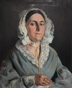 Ritratto di signora in abiti di seta e pizzo dipinto ad olio nel 1870 ca.