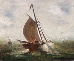 Fishing Boats on Choppy Seas 19th Century French Oil Painting on Canvas