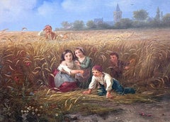 Traditional 19th century French Signed Oil Painting Children Playing in Harvest