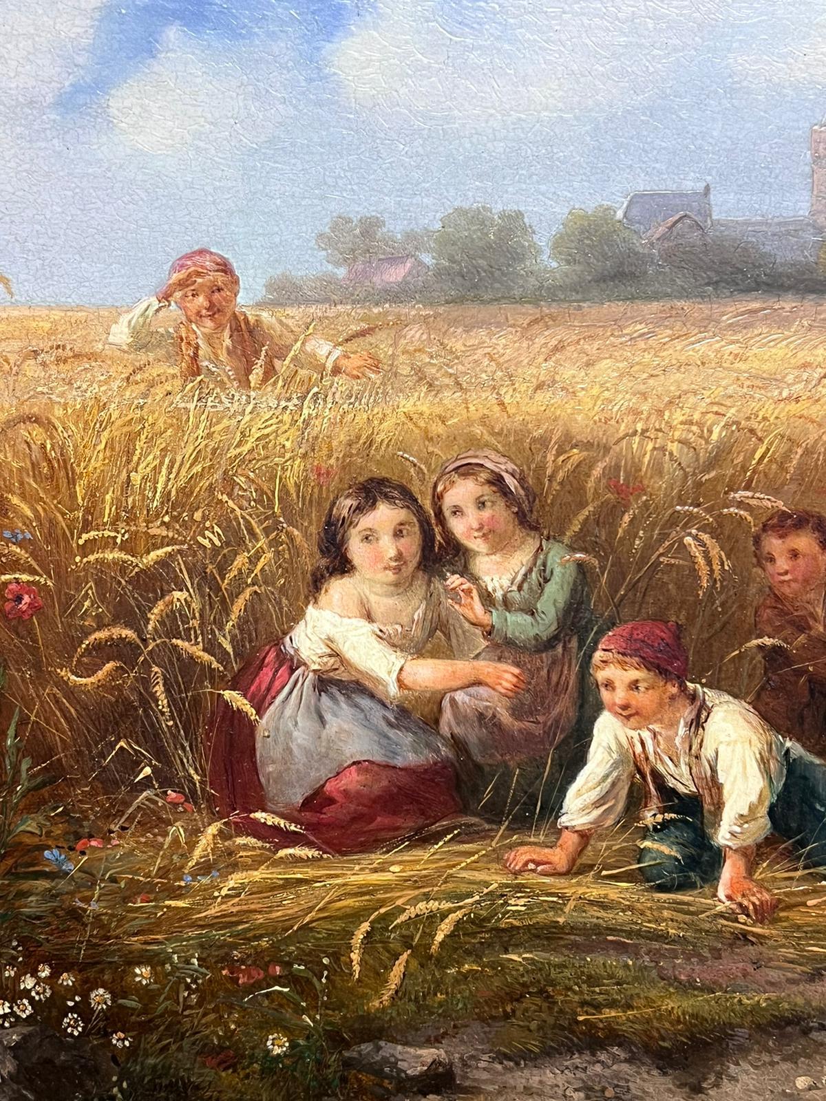 Traditional 19th century French Signed Oil Painting Children Playing in Harvest  For Sale 1