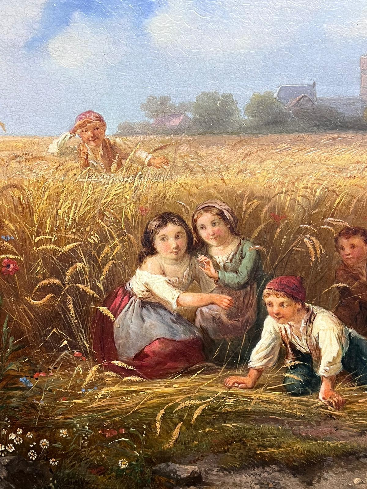 Traditional 19th century French Signed Oil Painting Children Playing in Harvest For Sale 1
