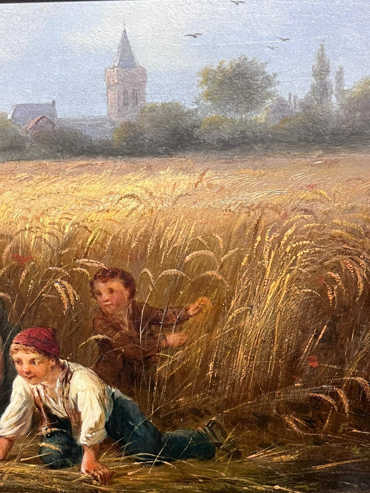 Traditional 19th century French Signed Oil Painting Children Playing in Harvest  For Sale 2