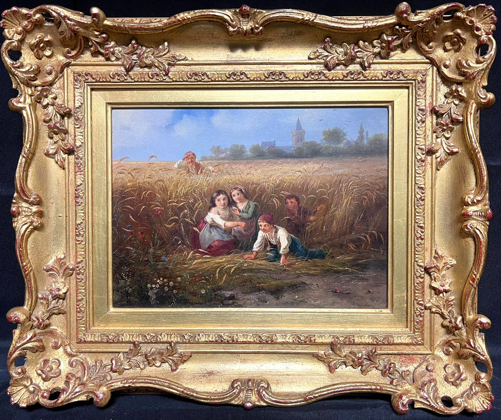 Traditional 19th century French Signed Oil Painting Children Playing in Harvest 