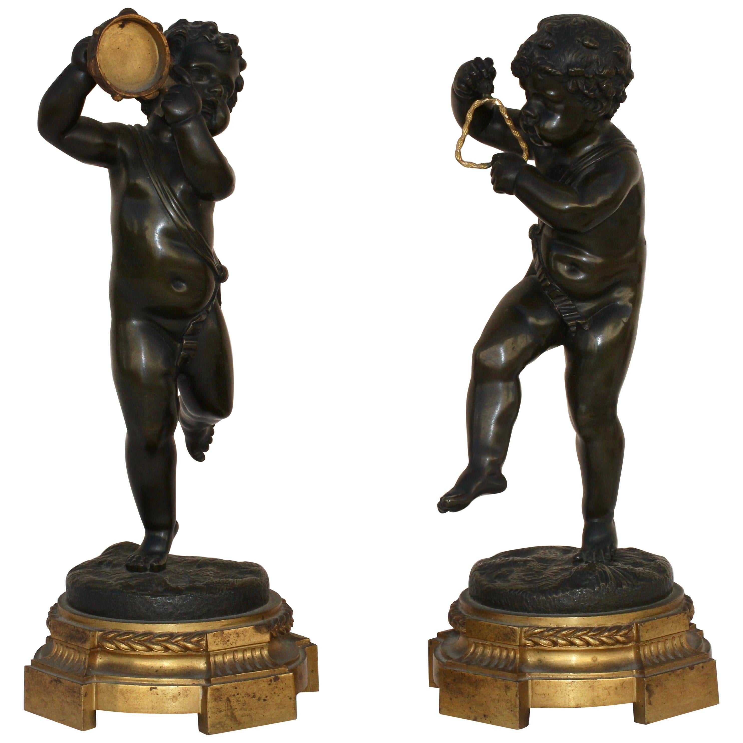 French 19th Century Pair of Bronze Musicians Putti