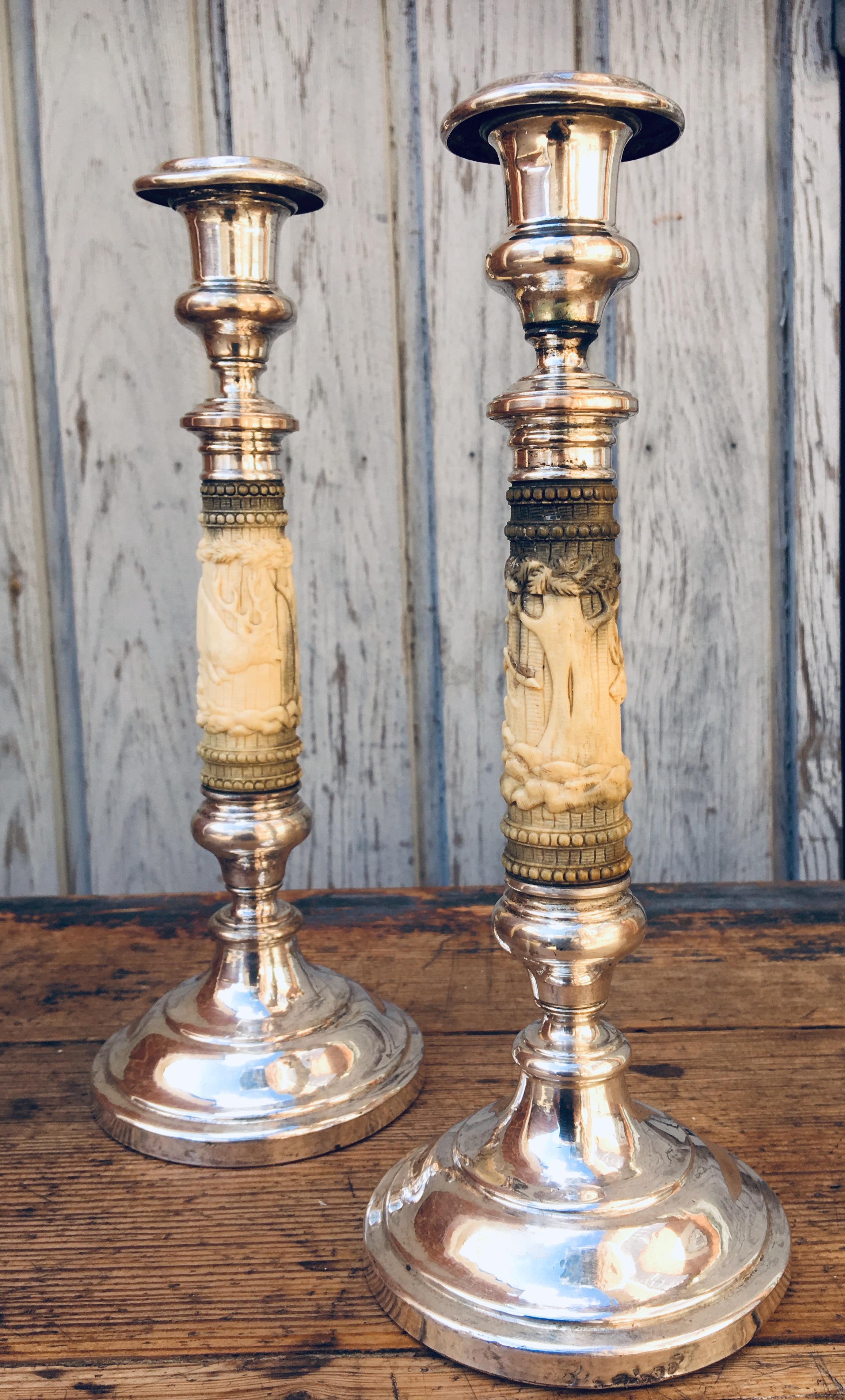 French 19th Century Pair of Carved Antler and Silver Platted Copper Candlesticks 6
