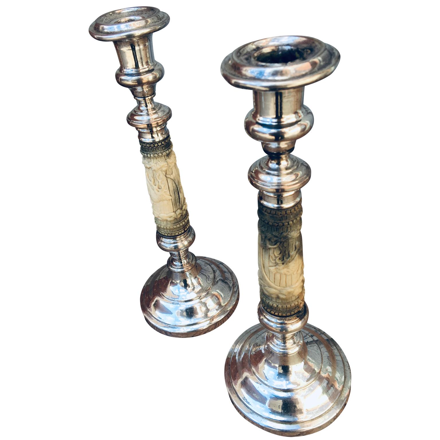 Empire French 19th Century Pair of Carved Antler and Silver Platted Copper Candlesticks