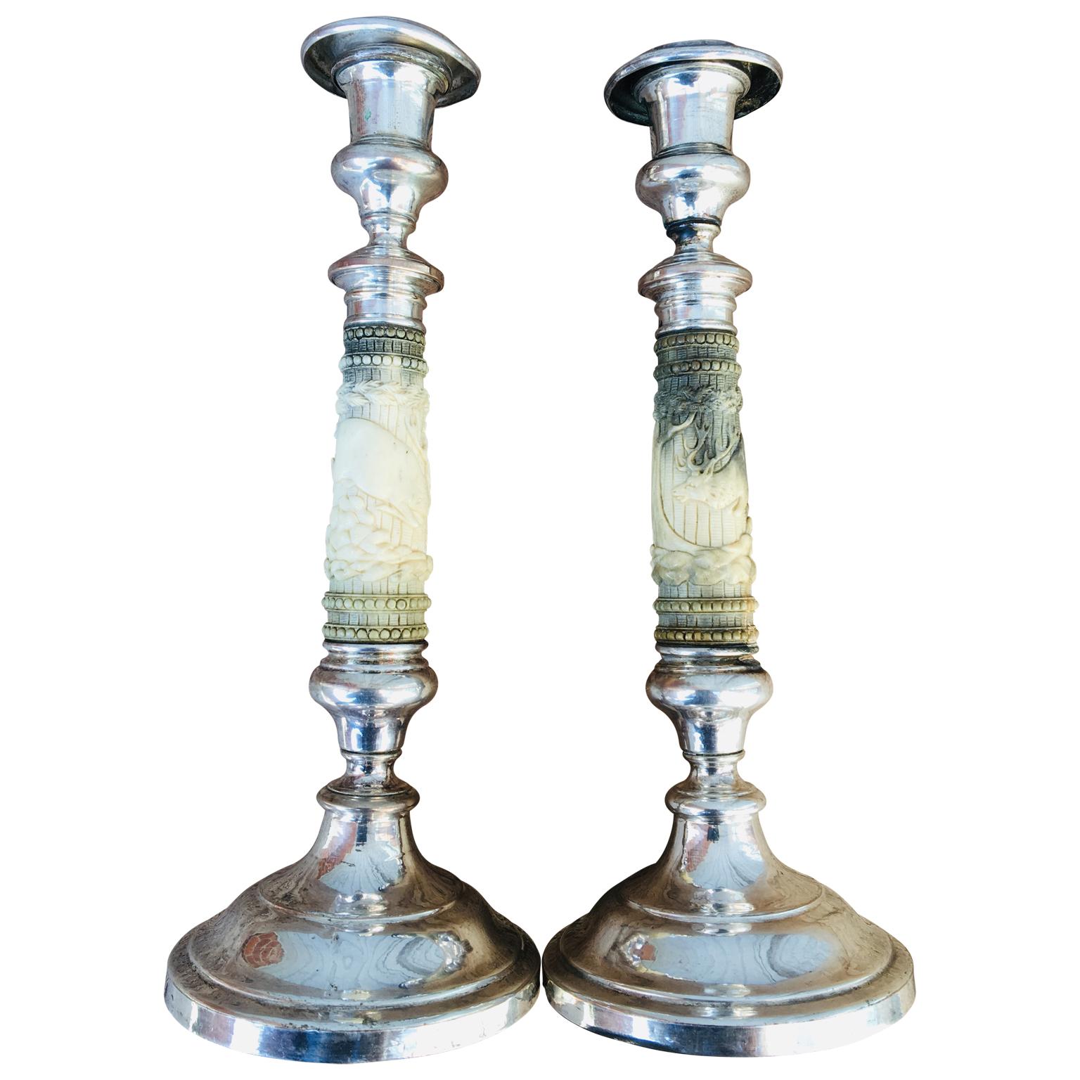 Plated French 19th Century Pair of Carved Antler and Silver Platted Copper Candlesticks