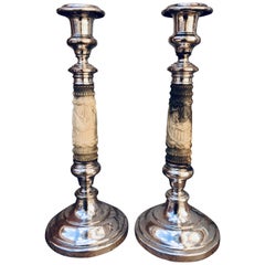 Antique French 19th Century Pair of Carved Antler and Silver Platted Copper Candlesticks