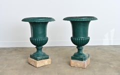 French 19th Century Pair of Cast Iron Urns on Stone Bases
