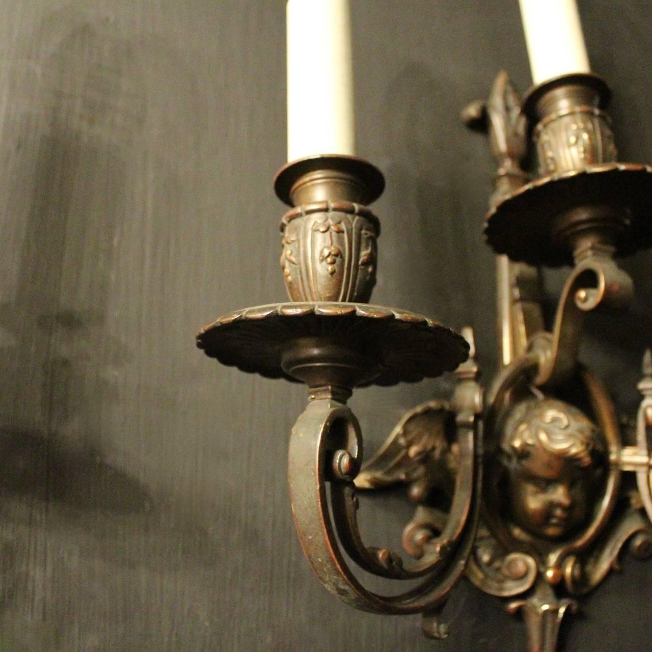 French 19th Century Pair of Cherub Antique Wall Sconces 3